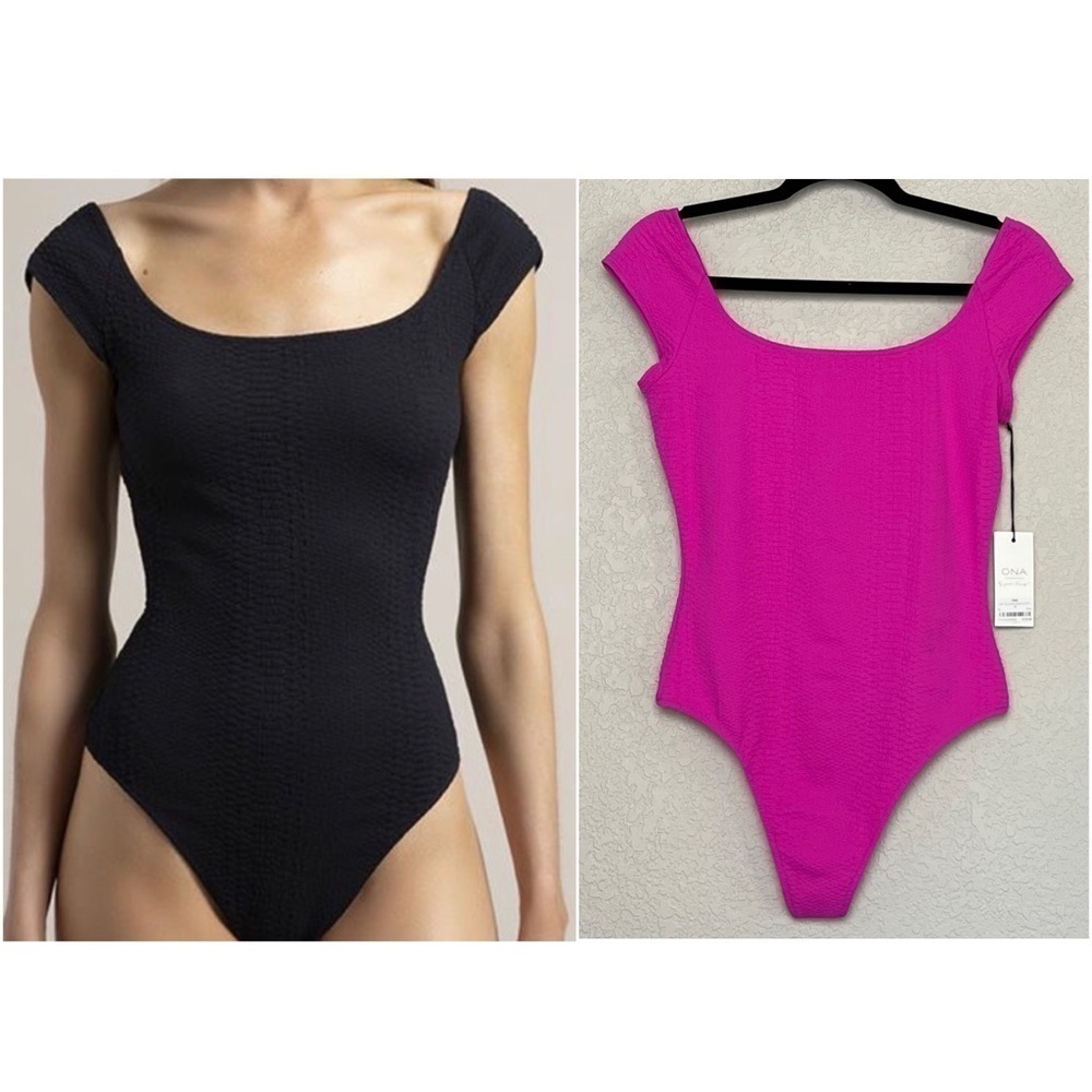 NWT CARBON38 ONA‎ Dance Leotard Barbie Pink Python Cap Sleeve Thong Bodysuit M